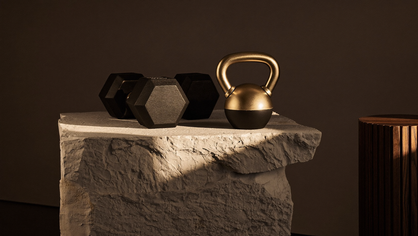 Kurzhanteln und Kettlebell auf einem Steinsockel, inszeniert in dramatischem Streiflicht
